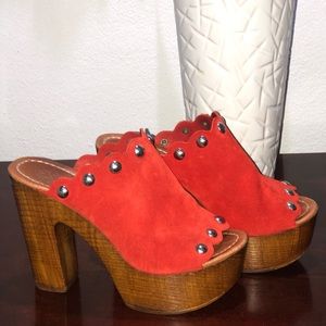 Novus,red platform sandals with metal details